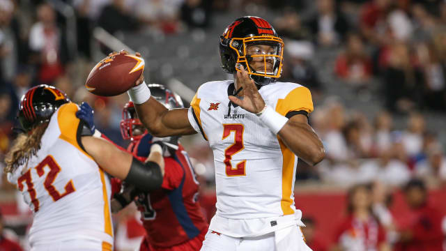 Feb 8, 2020; Houston, TX, USA; Los Angeles Wildcats quarterback Jalan McClendon (2) looks to pass during the fourth quarter against the Houston Roughnecks in a XFL football game at TDECU Stadium. Mandatory Credit: Troy Taormina-USA TODAY Sports